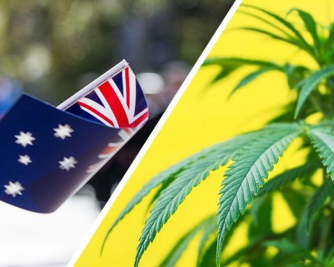 Australian waving flag and cannabis plant