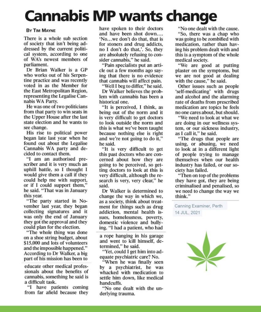 Brian Walker Legalise Cannabis Party interview with Courier newspaper